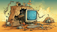 cartoon van een oude computer in de woestijn